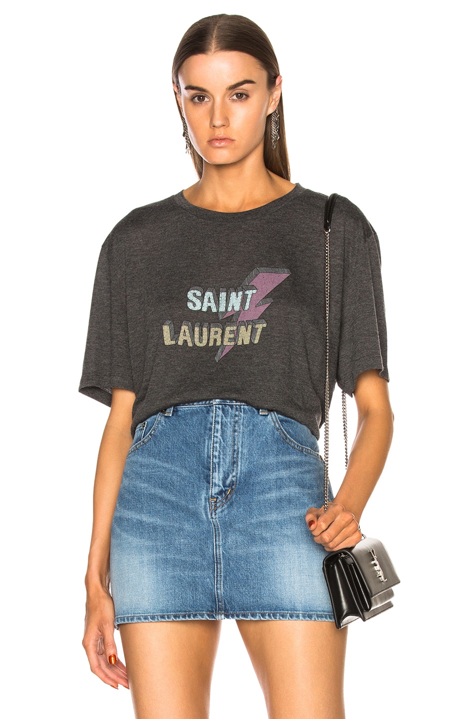 Image 1 of Saint Laurent Lightning Bolt Logo Boyfriend Tee in Heather Black & Multicolor