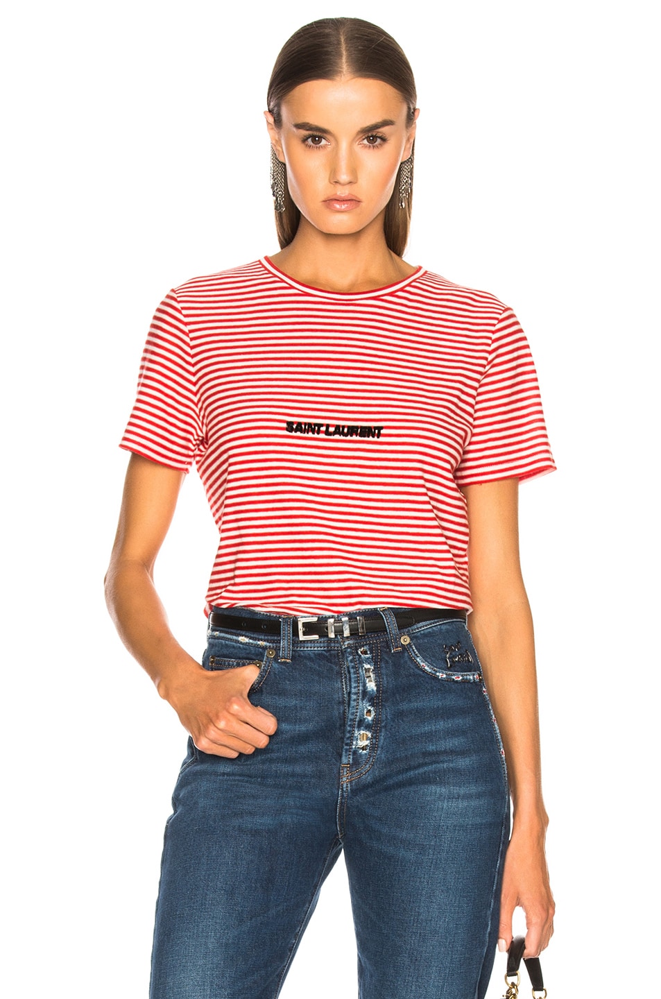Image 1 of Saint Laurent Striped Small Logo Tee in Natural & Red
