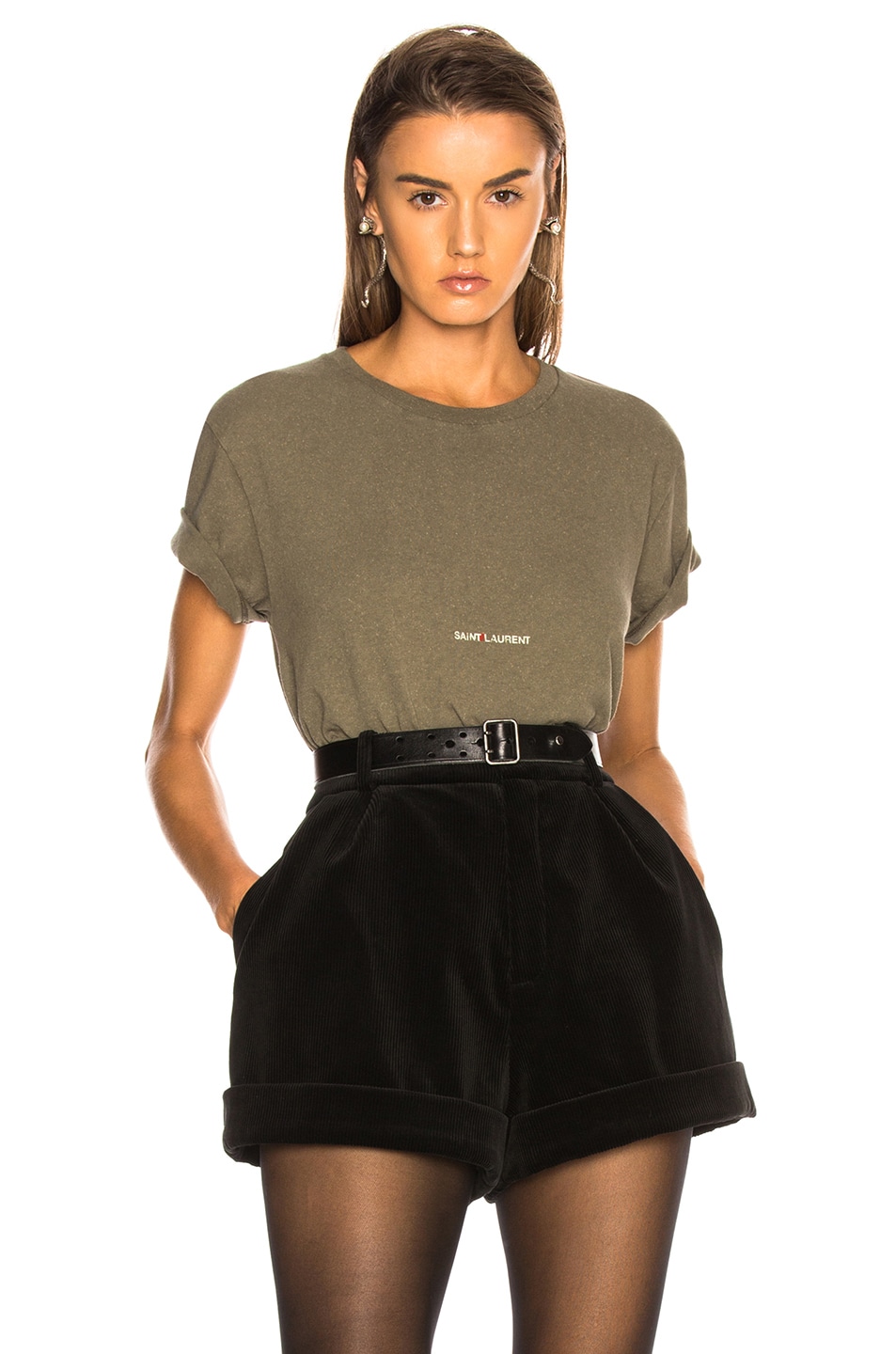 Image 1 of Saint Laurent Small Logo Tee in Army Grey & Beige