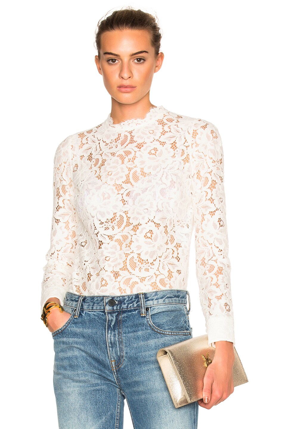 Image 1 of Saint Laurent Long Sleeve Lace Top in Natural
