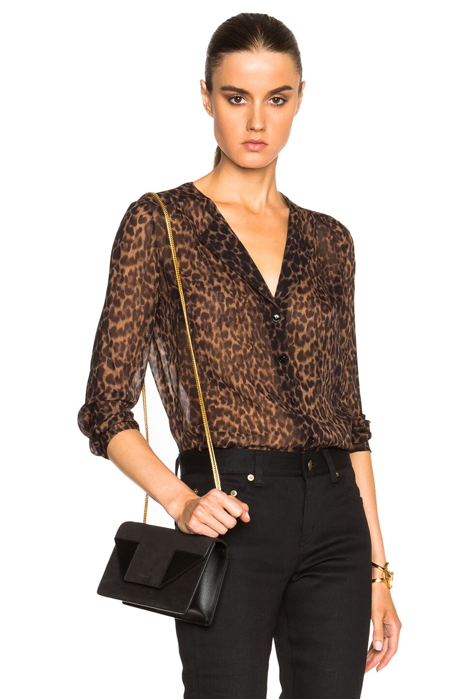 Image 1 of Saint Laurent Leopard Georgette Reverse Collar Blouse in Fauve