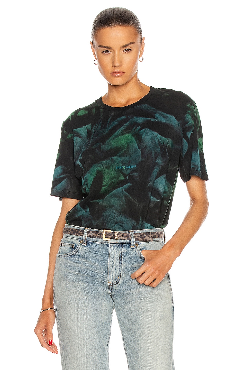 Image 1 of Saint Laurent Round Collar T Shirt in Noir & Vert