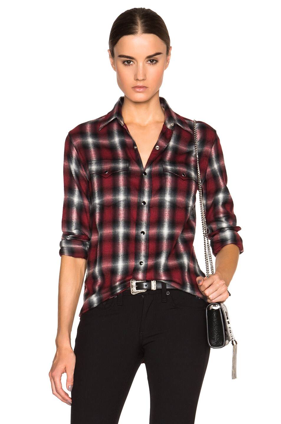 Image 1 of Saint Laurent Fine Check Flannel Shirt in Red Rinse