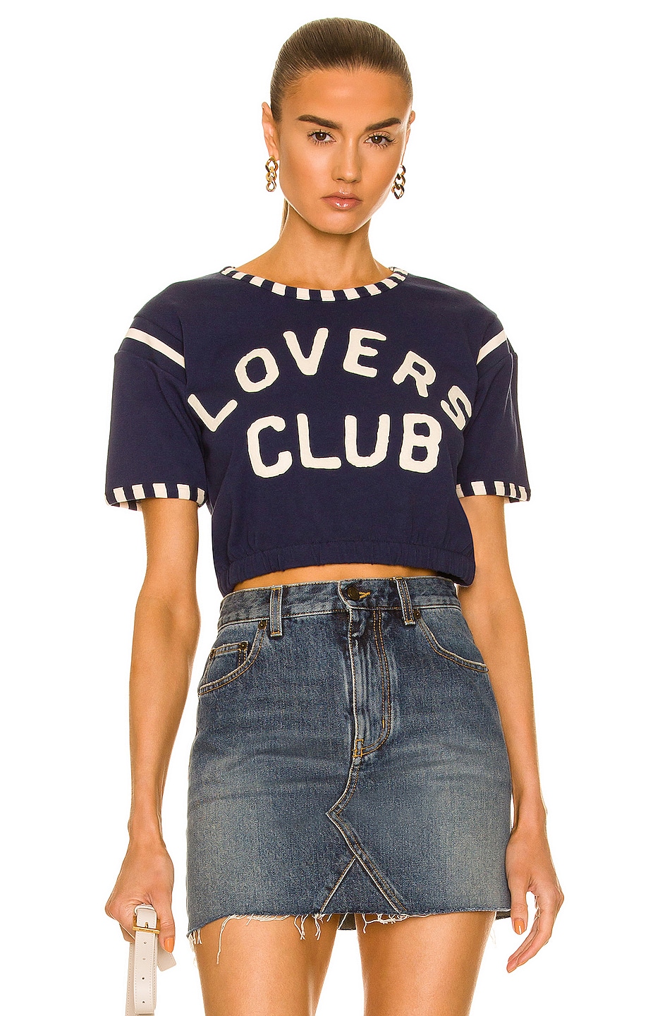 Image 1 of Saint Laurent Cropped T-Shirt in Marine & Natural