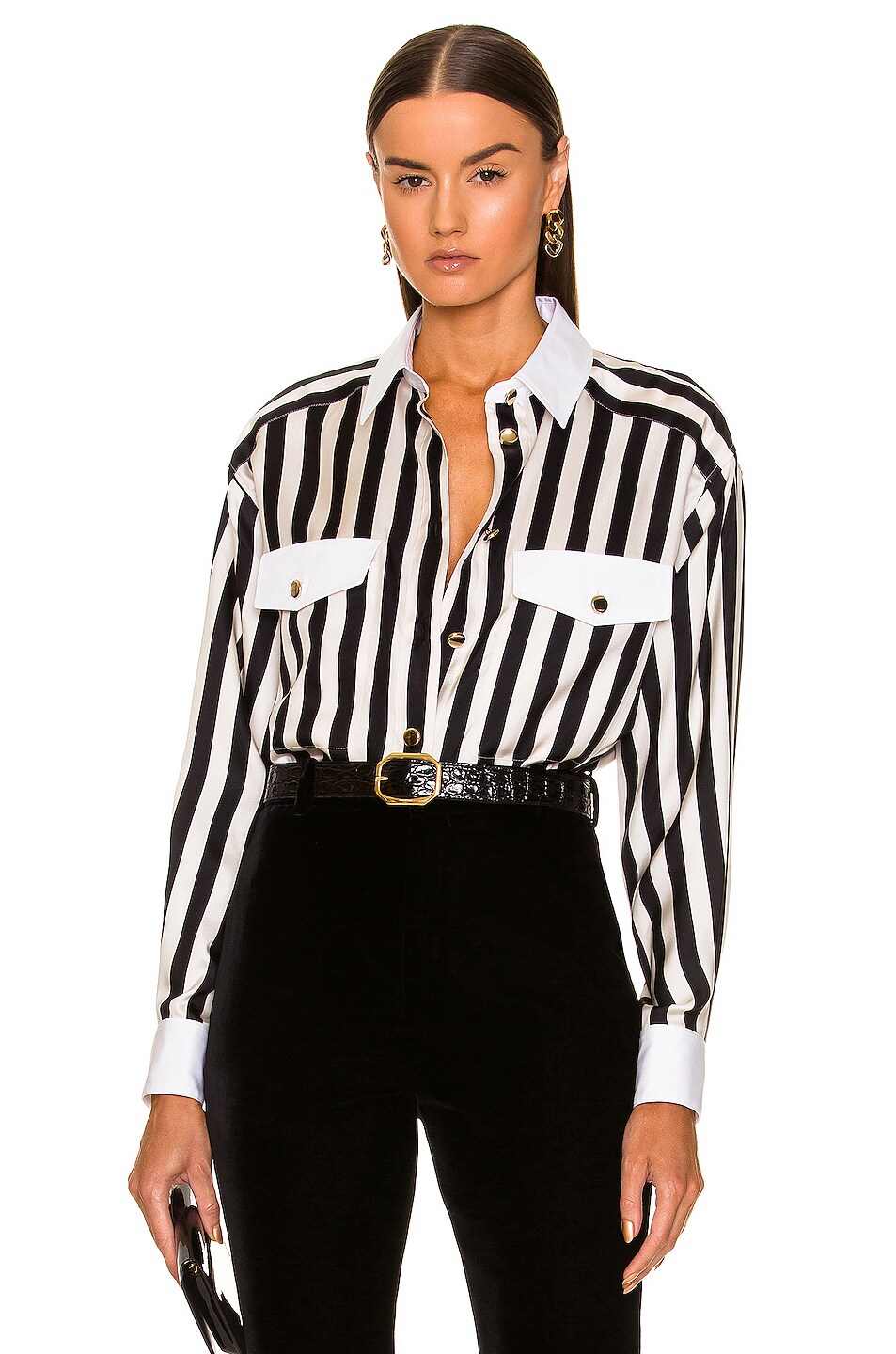 Image 1 of Saint Laurent Striped Button Down Shirt in Noir Craie
