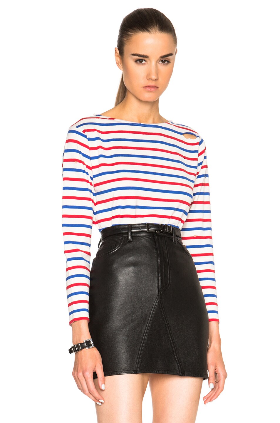 Image 1 of Saint Laurent Distressed Stripe Tee in White, Blue & Red