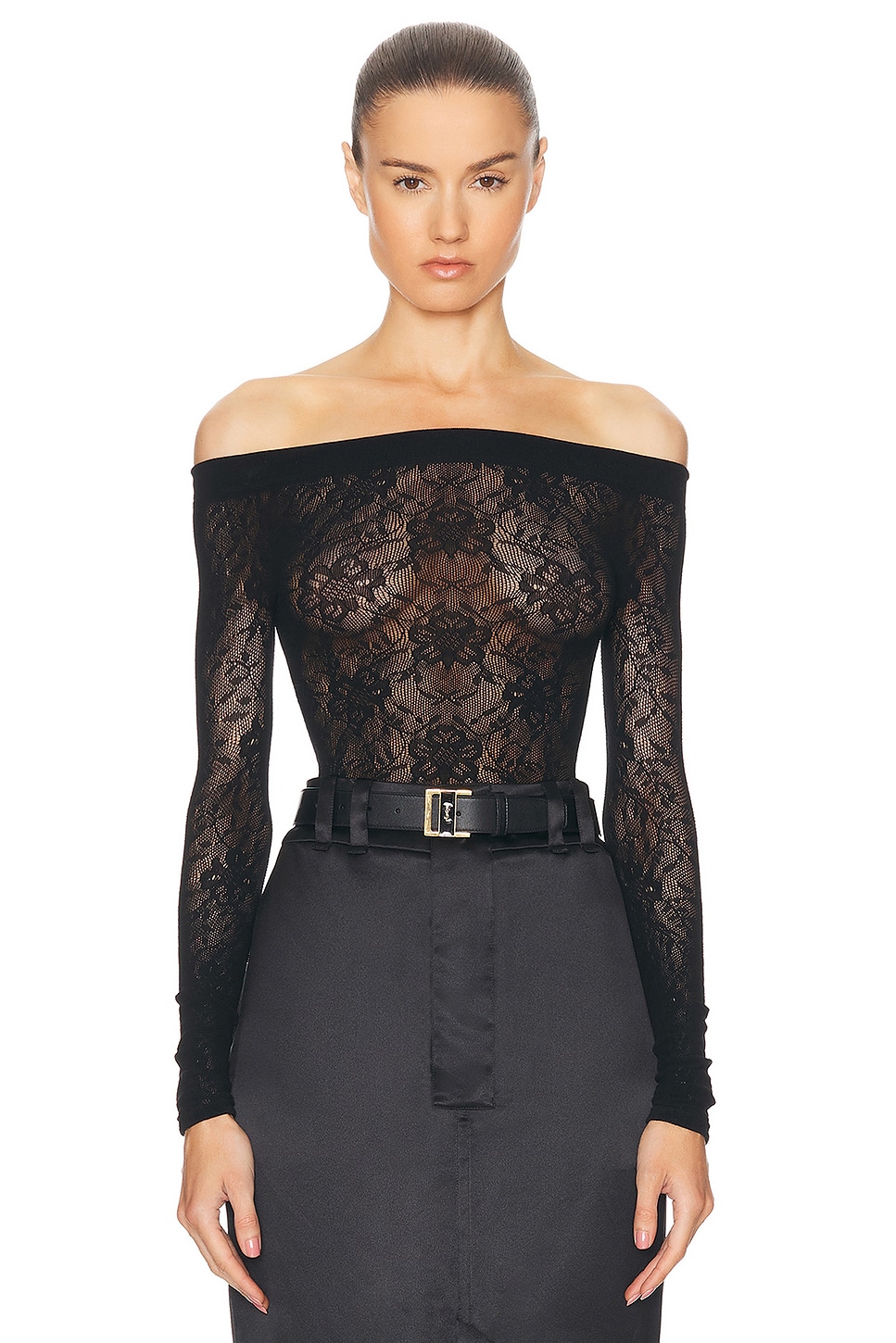 Image 1 of Saint Laurent Lace Off The Shoulder Bodysuit in Noir