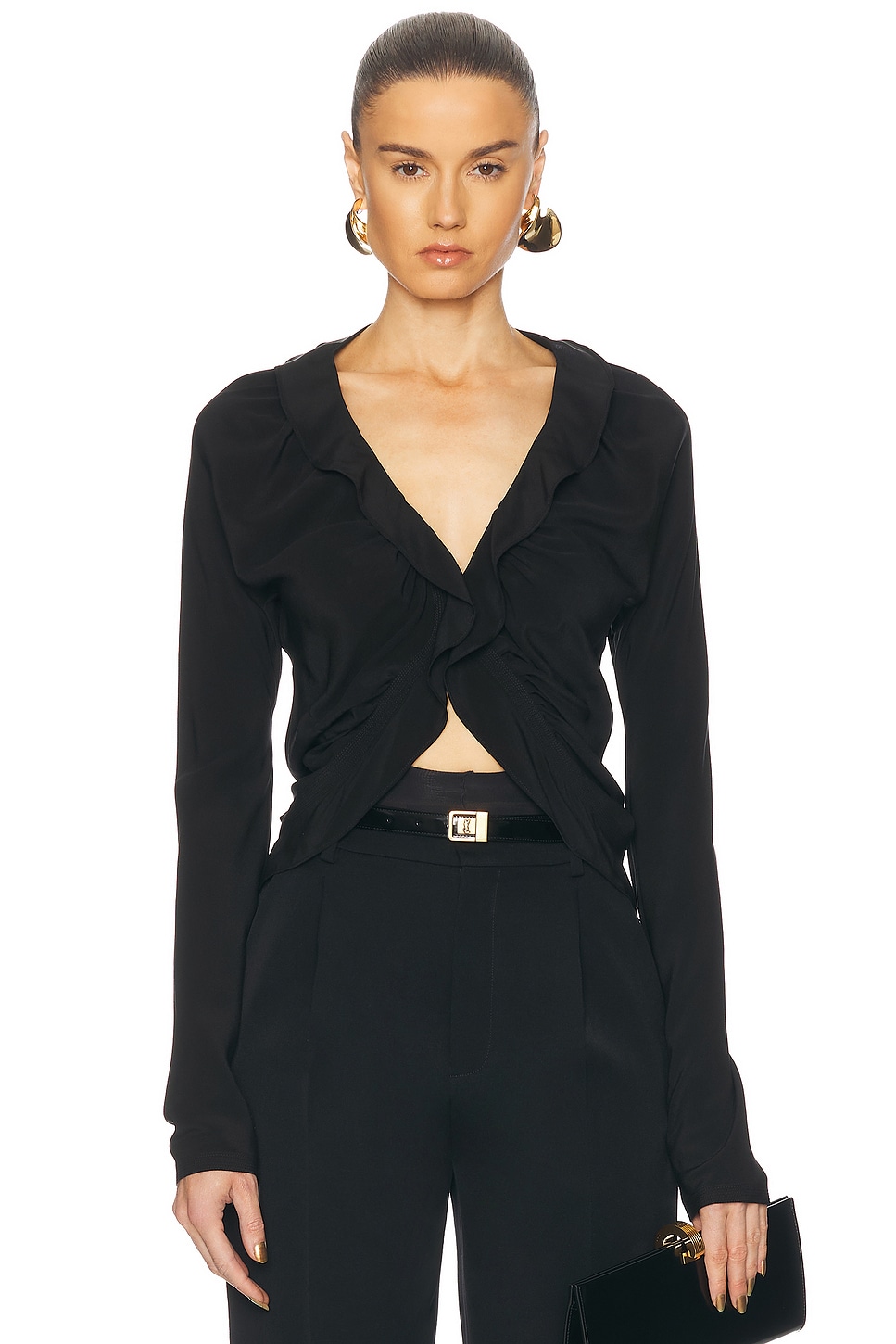 Image 1 of Saint Laurent Long Sleeve Ruffle Top in Noir