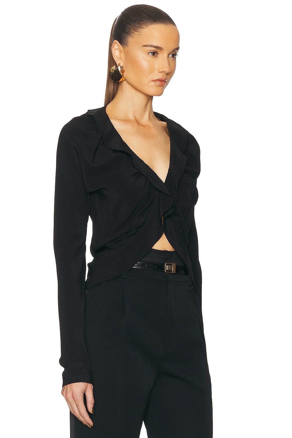 Saint Laurent Long Sleeve Ruffle Top In Noir