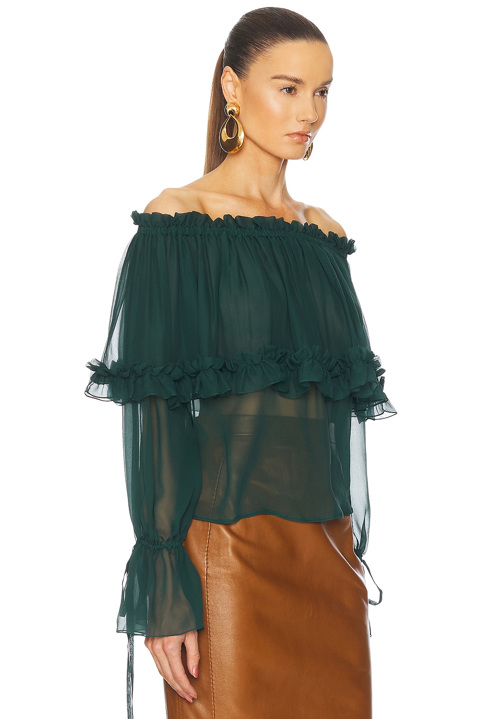 Saint Laurent Sheer Off The Shoulder Blouse In Vert