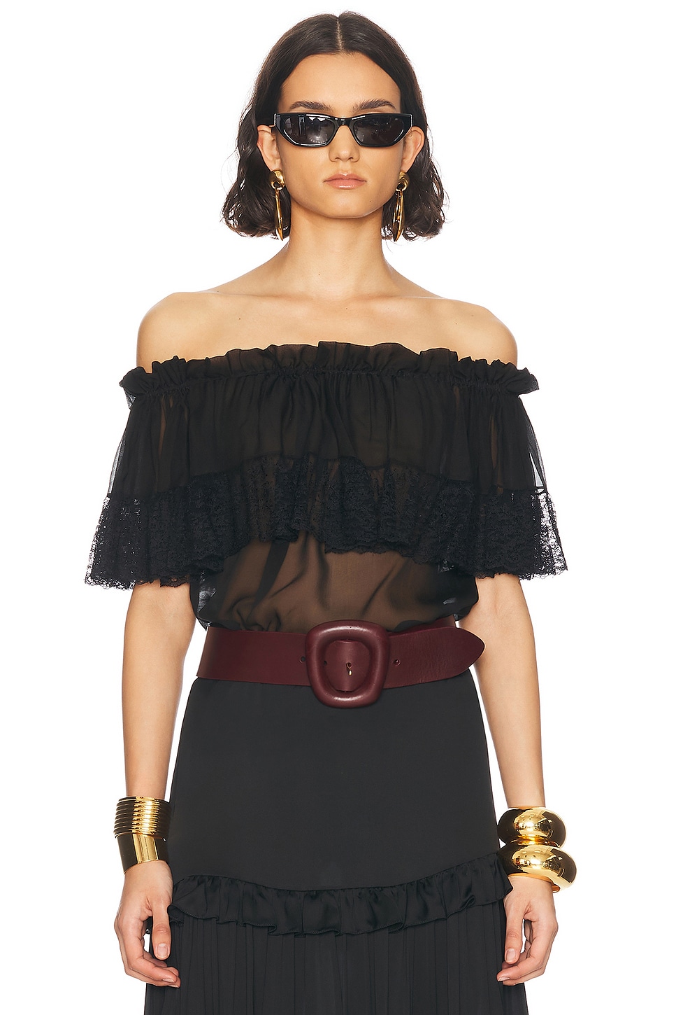 Image 1 of Saint Laurent Sheer Off The Shoulder Blouse in Noir