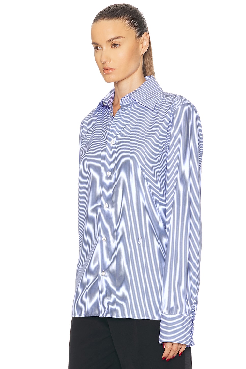 Saint Laurent Cassandre Striped Long-sleeved Shirt In Bleu Blanc