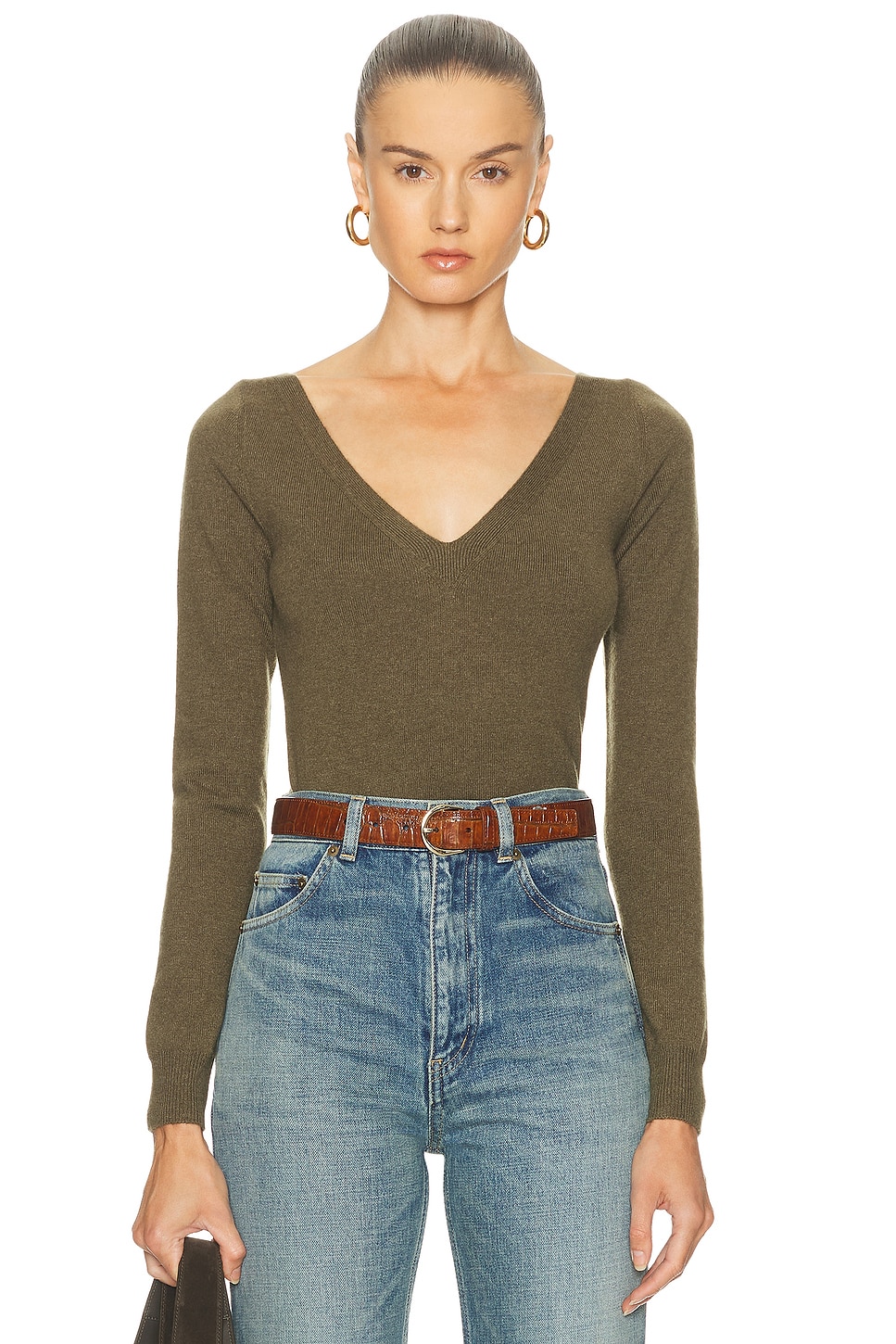 Image 1 of Saint Laurent Long Sleeve V-Neck Top in Kaki Militaire