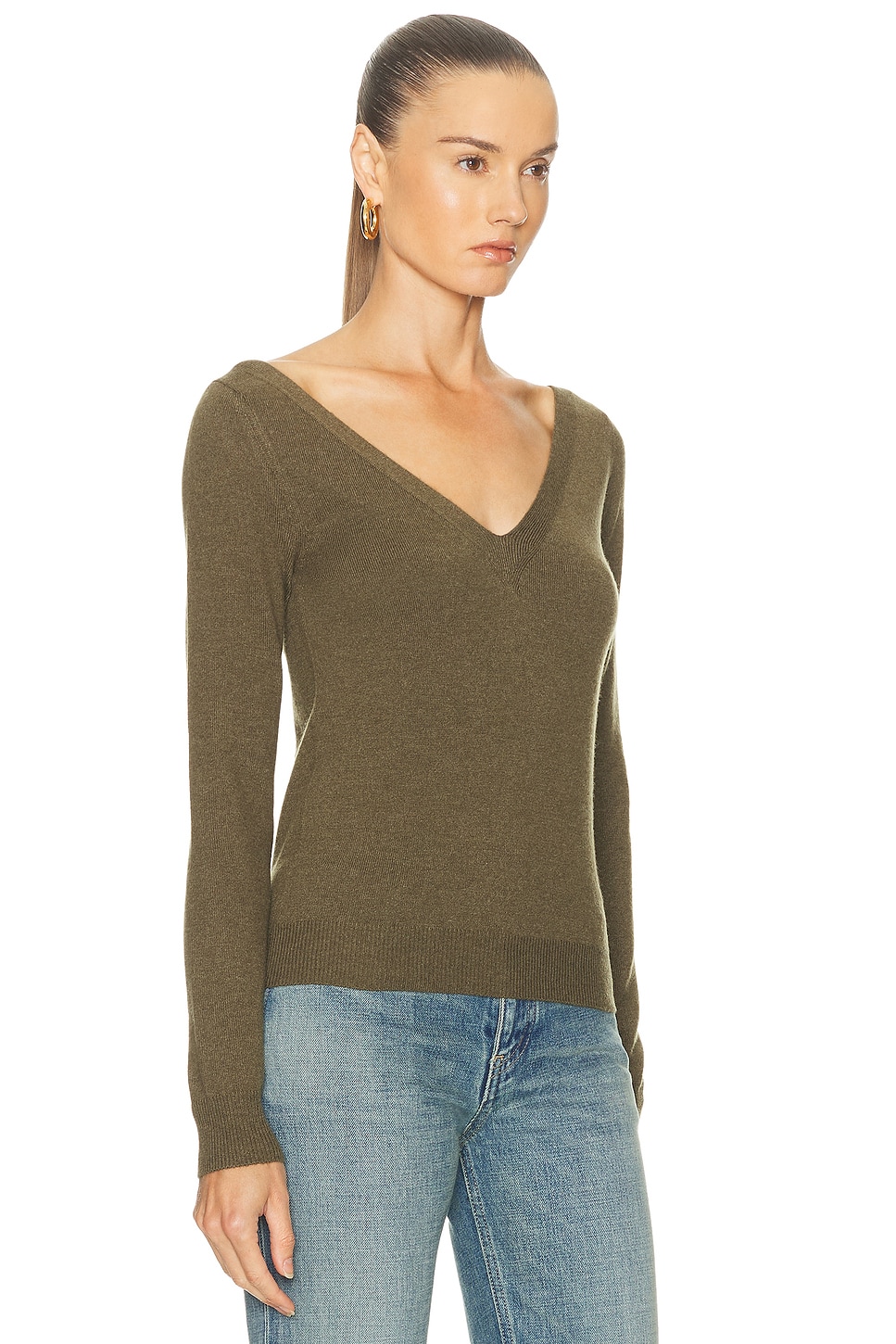 Saint Laurent Long Sleeve V-neck Top In Green