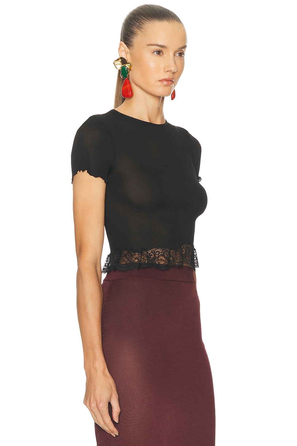 Saint Laurent Lace-trim Short-sleeve Crop T-shirt In Black