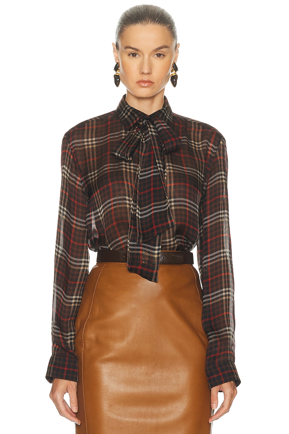 Saint Laurent Brown Shirt With Pussybow Collar And All-over Check Motif In Wool Woman In Multi