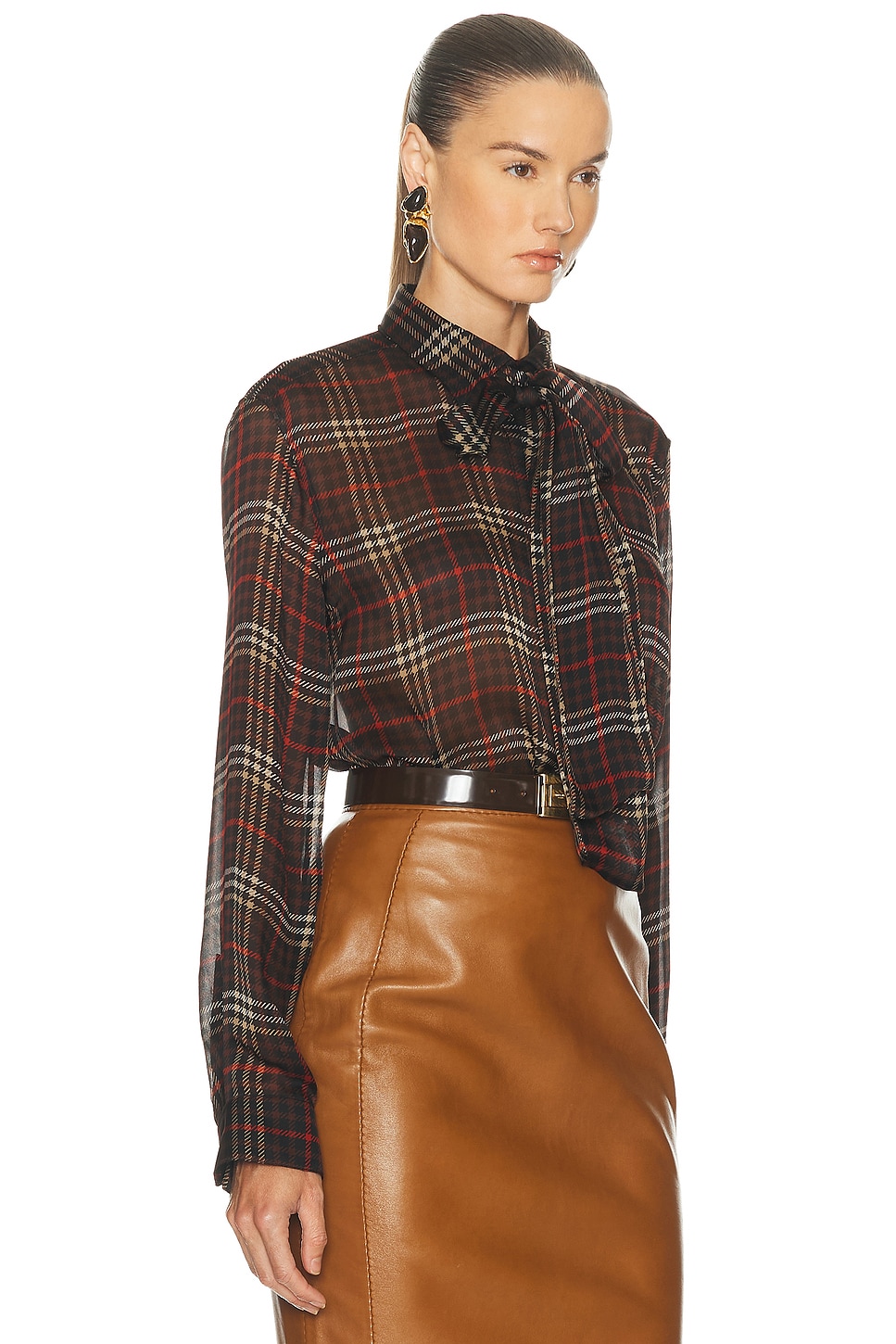 Saint Laurent Brown Shirt With Pussybow Collar And All-over Check Motif In Wool Woman In Multi