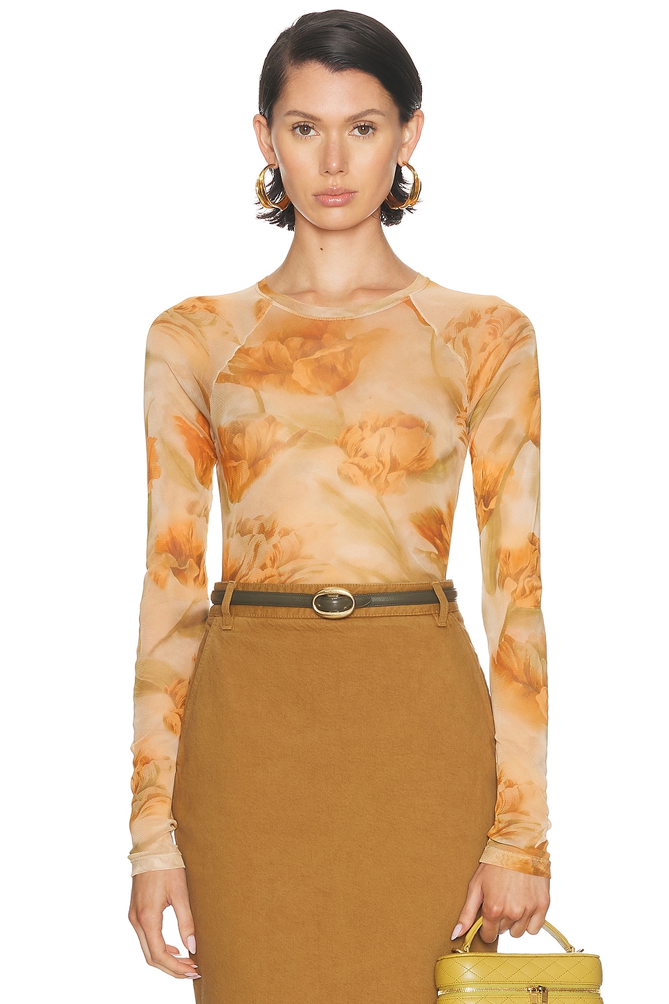 Image 1 of Saint Laurent Long Sleeve Top in Mastic, Orange, & Kaki