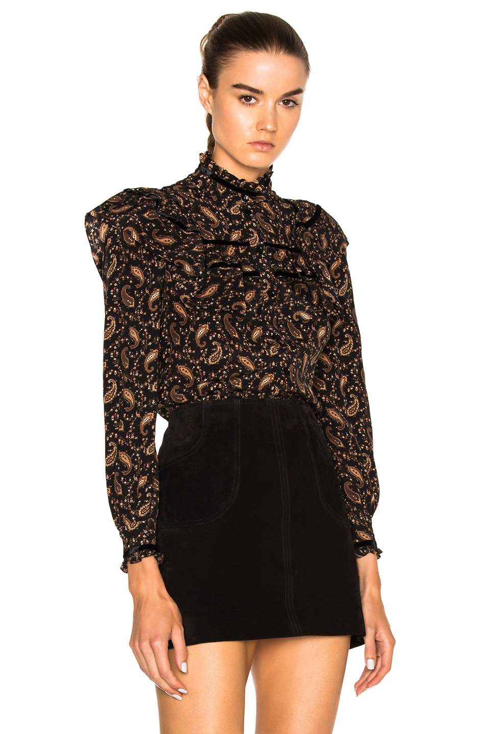 Image 1 of Saint Laurent Printed Ruffle Blouse in Black & Gold