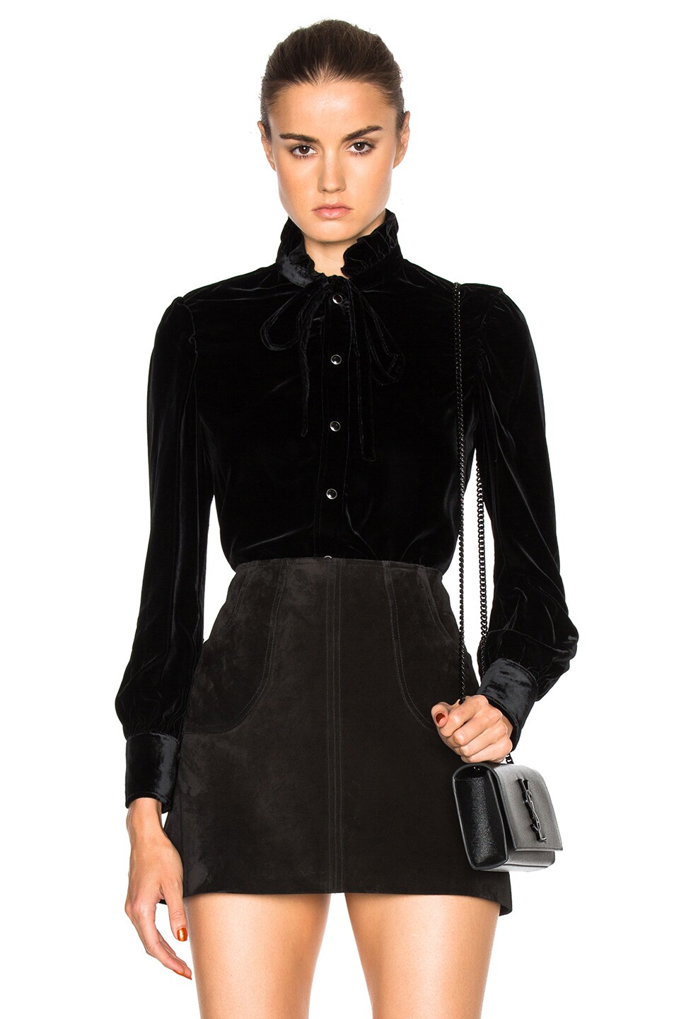 Image 1 of Saint Laurent Frill Bow Velvet Shirt in Black