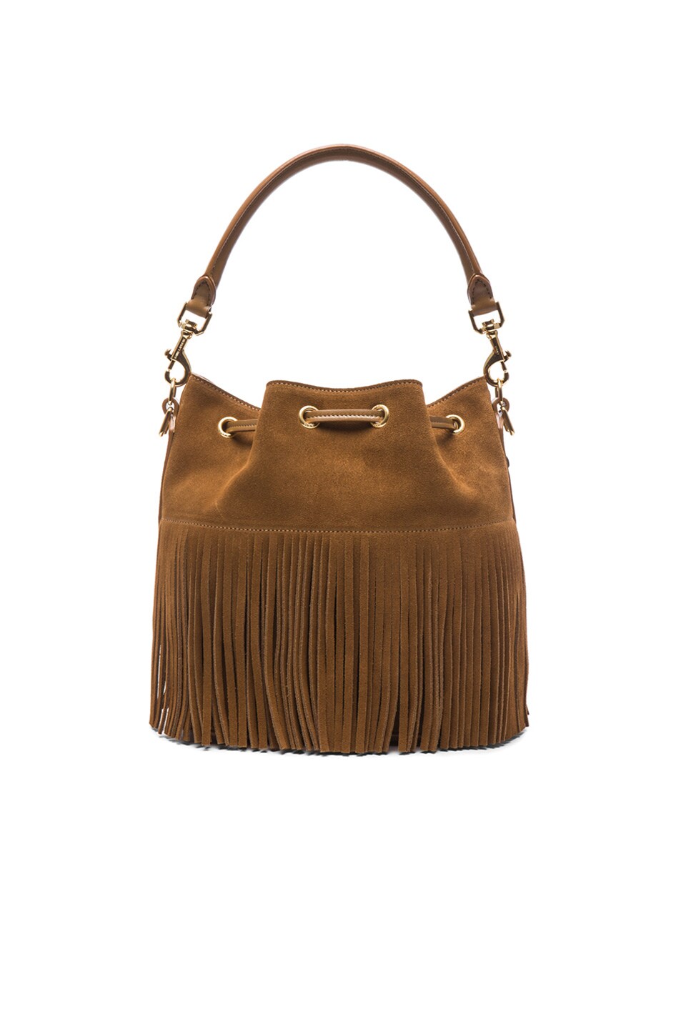 Saint Laurent Medium Suede Fringe Emmanuelle Bucket Bag in Light Ocre