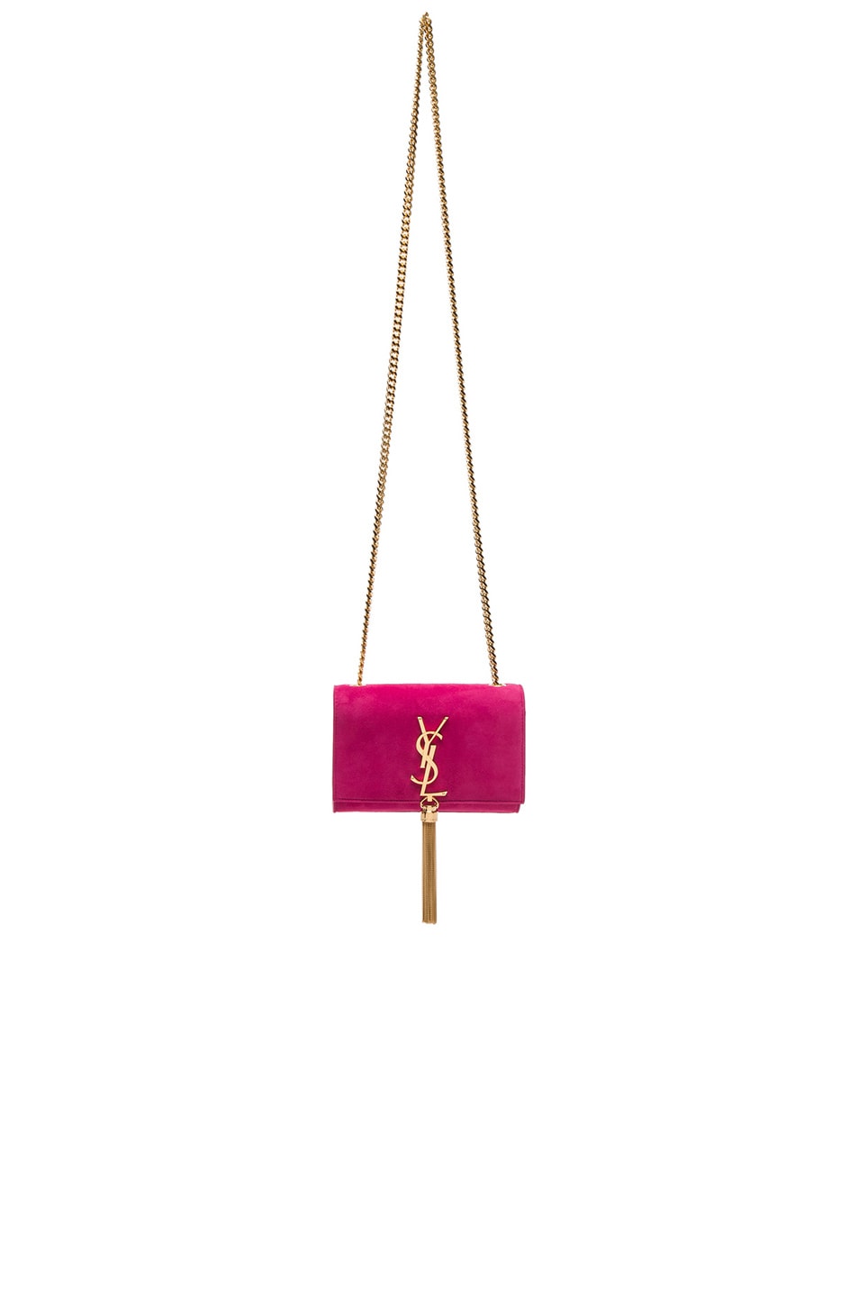 Image 1 of Saint Laurent Small Monogram Suede Chain Tassel Bag in Lipstick Fuchsia