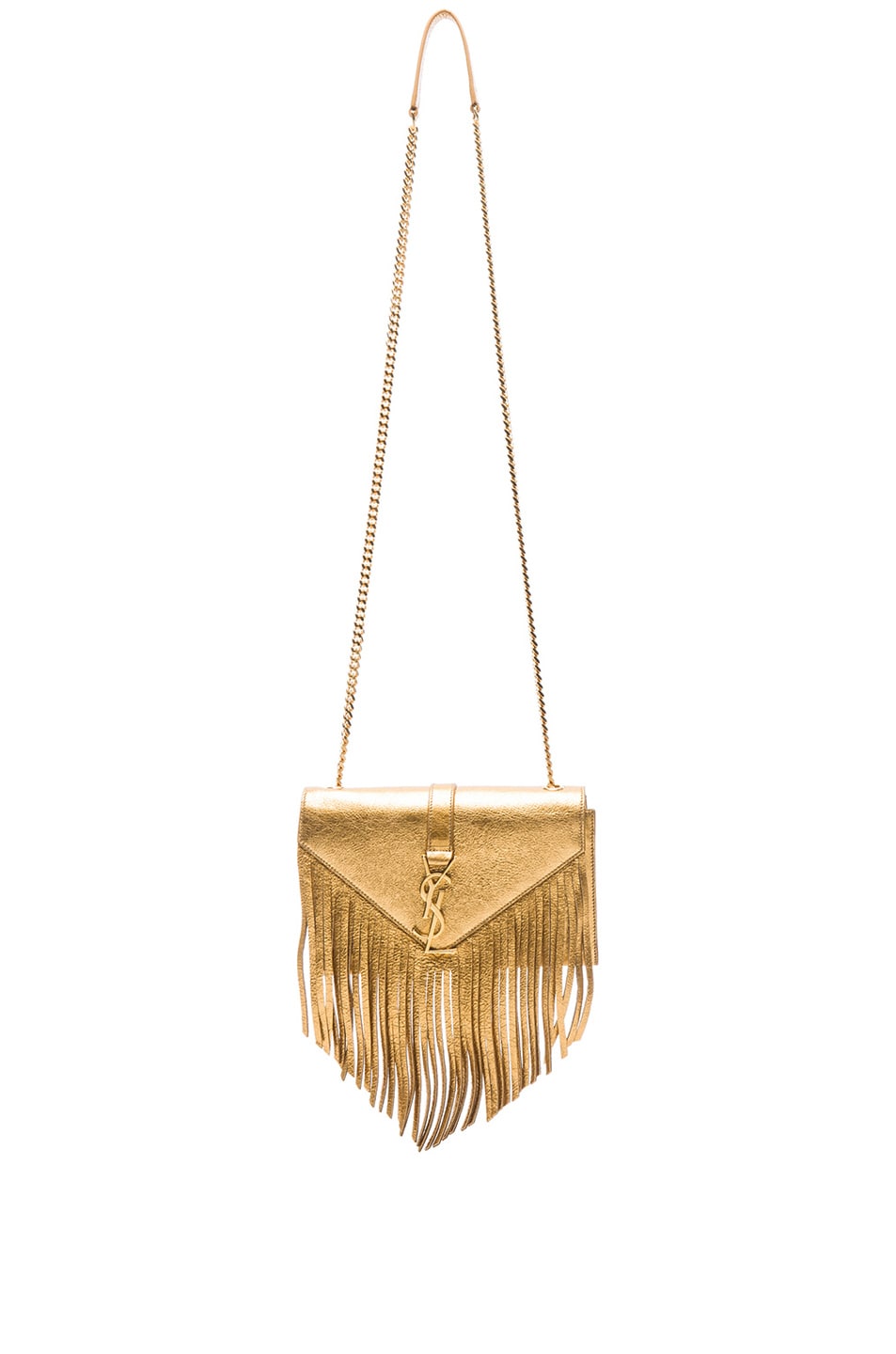 Image 1 of Saint Laurent Small Patent Leather & Fringes Monogramme Chain Bag in Gold Vermeil