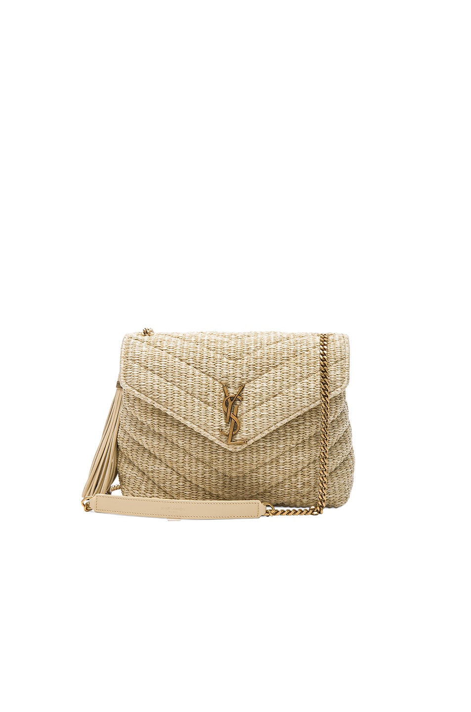 Image 1 of Saint Laurent Small Raffia Soft Chain Bag in Natural & Butter