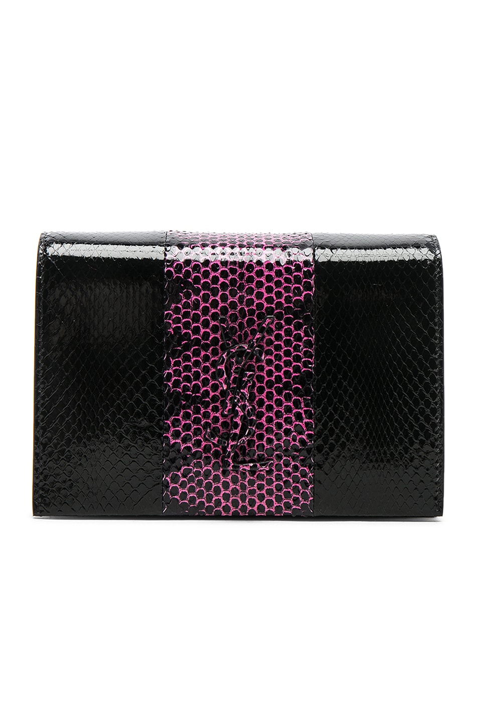 Image 1 of Saint Laurent Toy Kate Snakeskin Monogramme Strap Wallet Bag in Black & Fuchsia