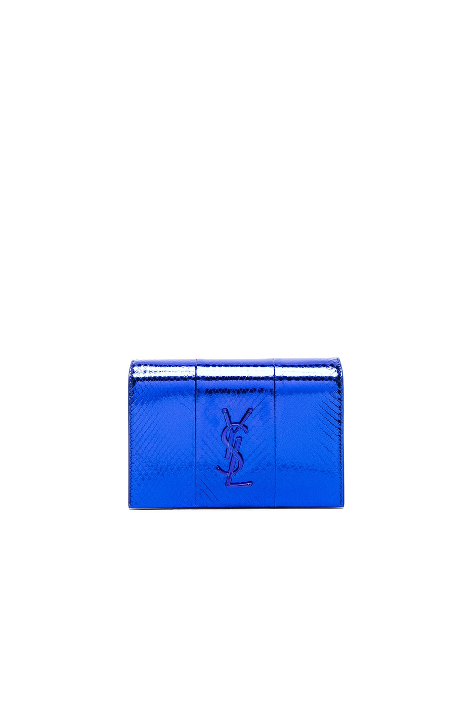 Image 1 of Saint Laurent Toy Metallic Kate Snakeskin Monogramme Strap Wallet Bag in Metal Blue & Black