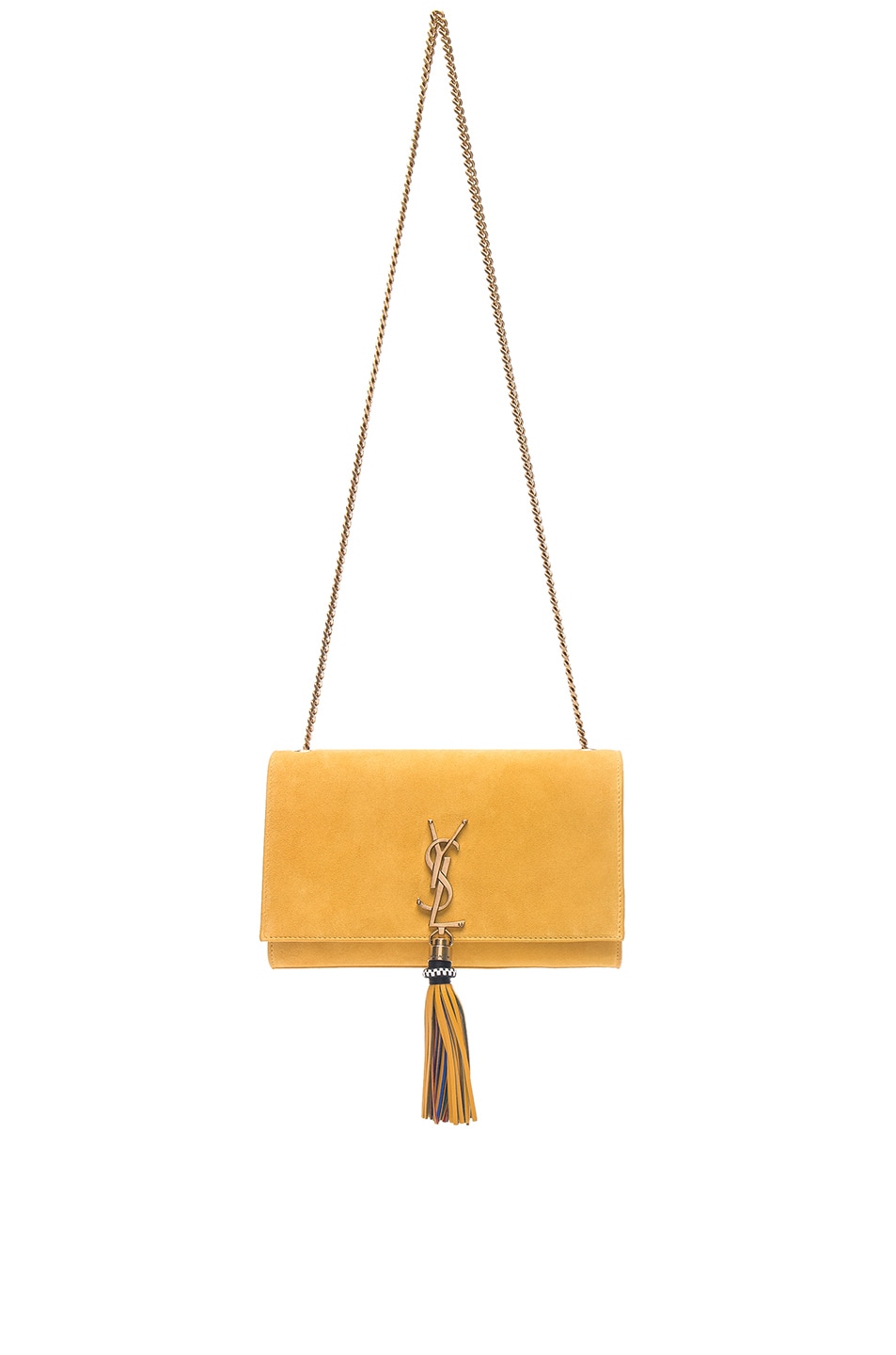 Image 1 of Saint Laurent Medium Suede Monogramme Kate Beaded Tassel Chain Bag in Saffron Yellow