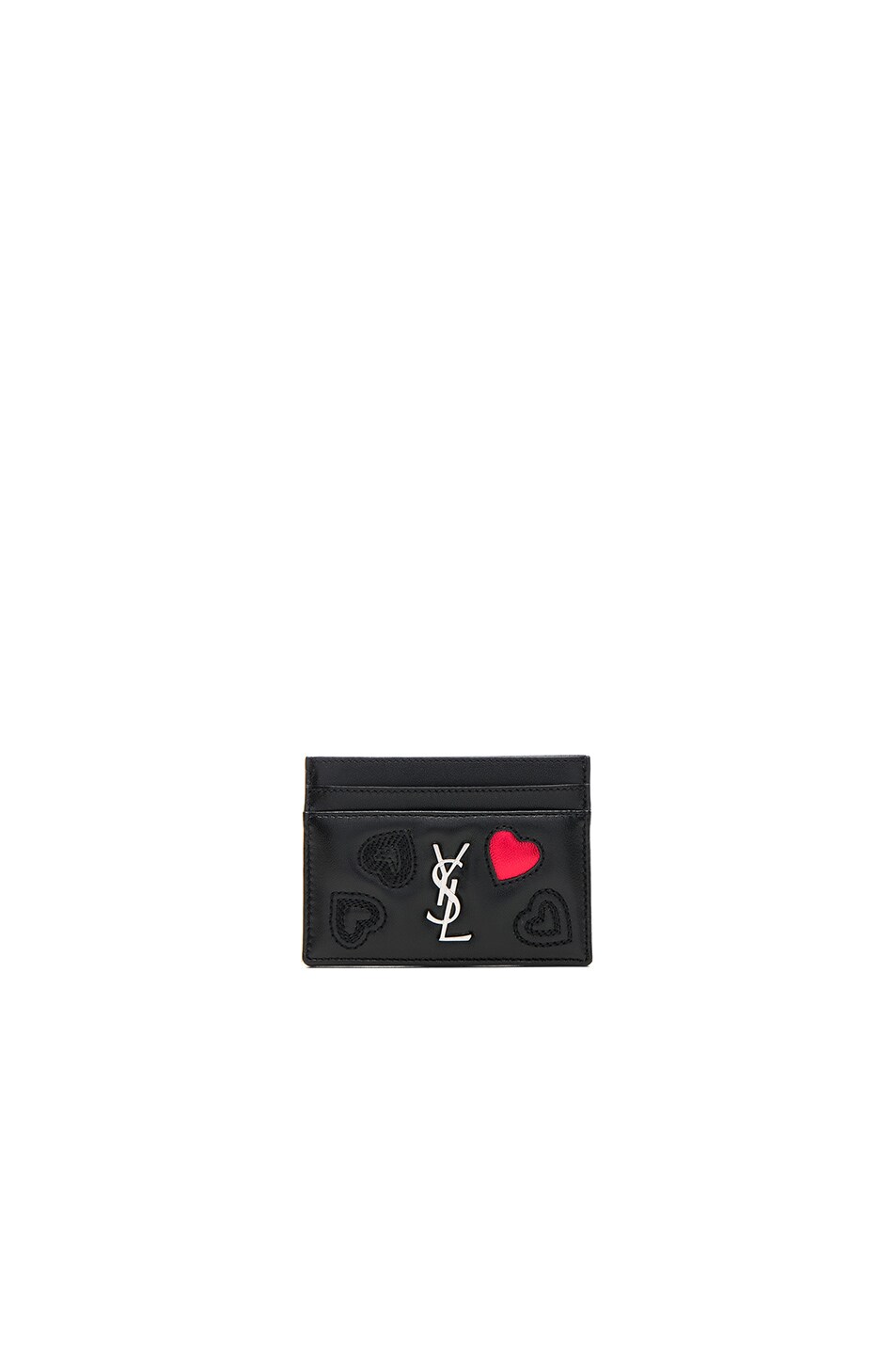Image 1 of Saint Laurent Heart Embroidered Credit Card Case in Black & Red