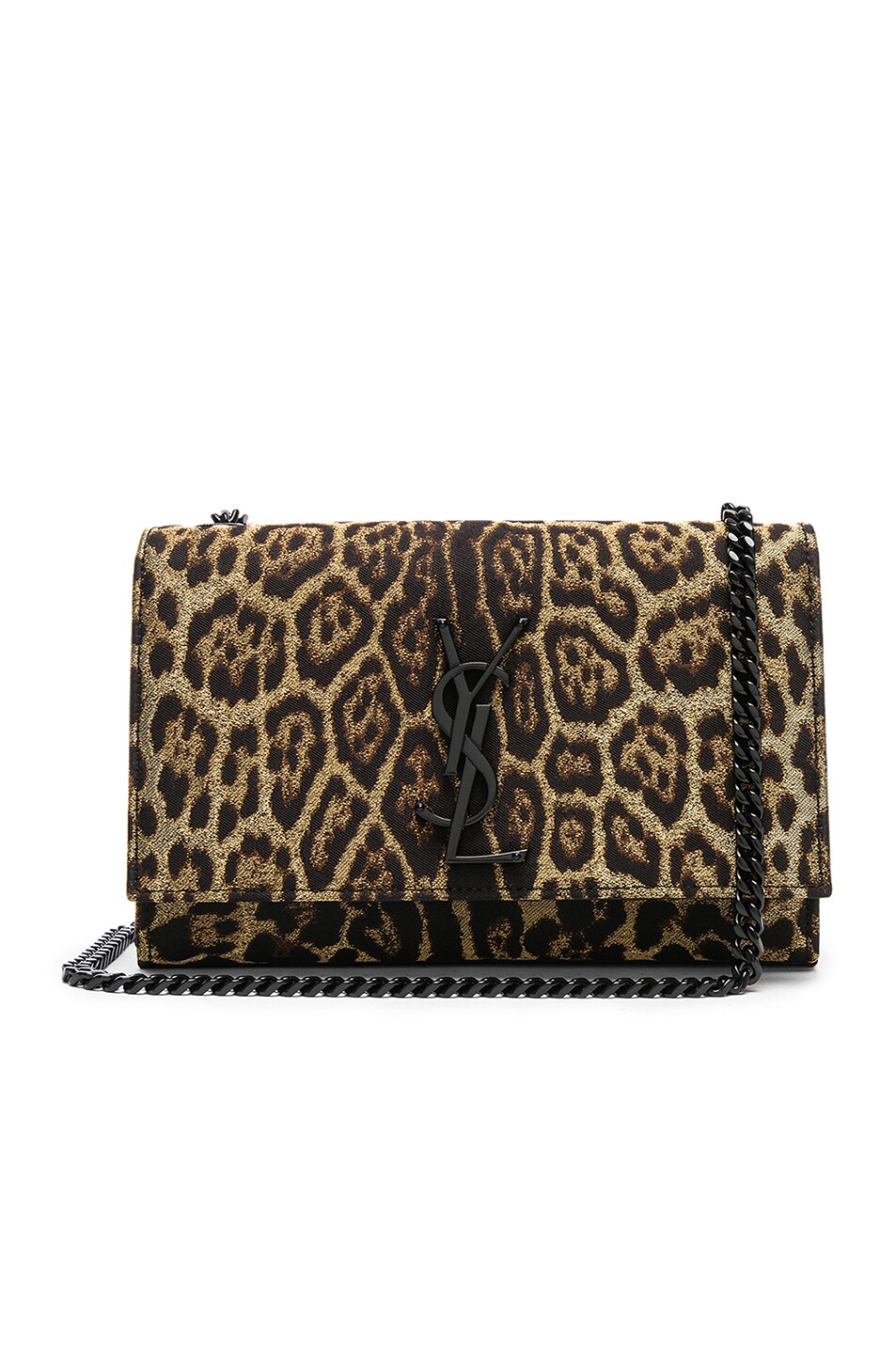 Image 1 of Saint Laurent Small Leopard Print Lurex Monogramme Kate Chain Bag in Natural & Black