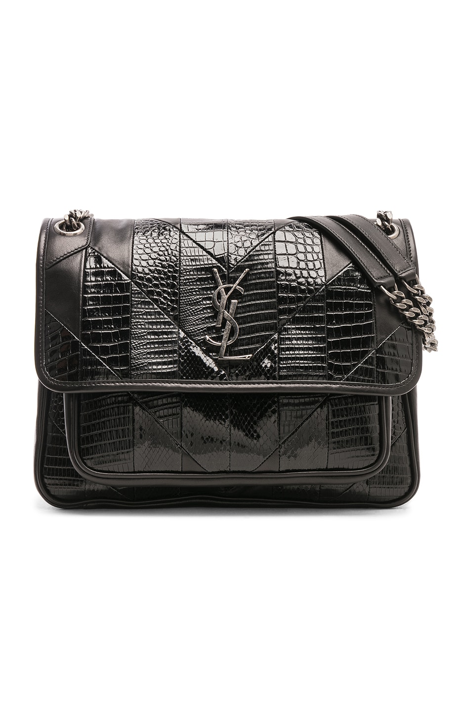 Image 1 of Saint Laurent Medium Leather & Snakeskin Patchwork Monogramme Niki Chain Bag in Black
