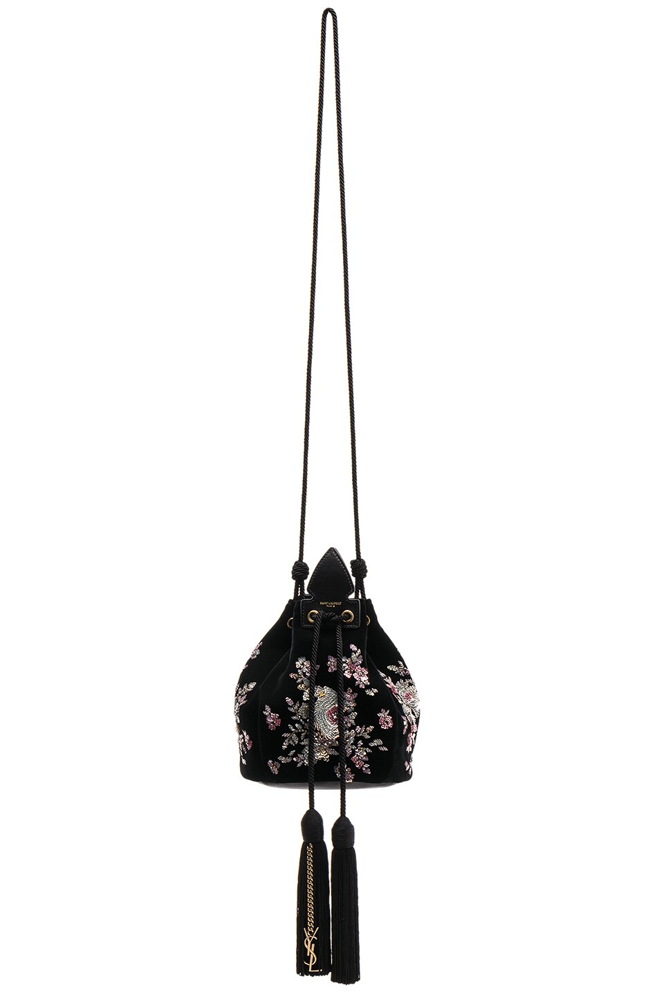 Image 1 of Saint Laurent Small Velvet Embroidered Anja Bucket Bag in Black & Pink