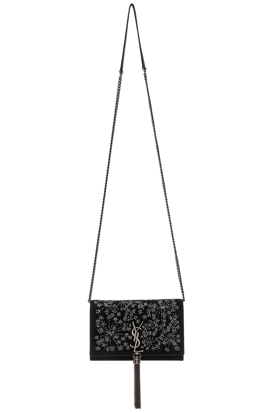 Image 1 of Saint Laurent Crystal Embellished Kate Tassel Chain Wallet in Black & Silver