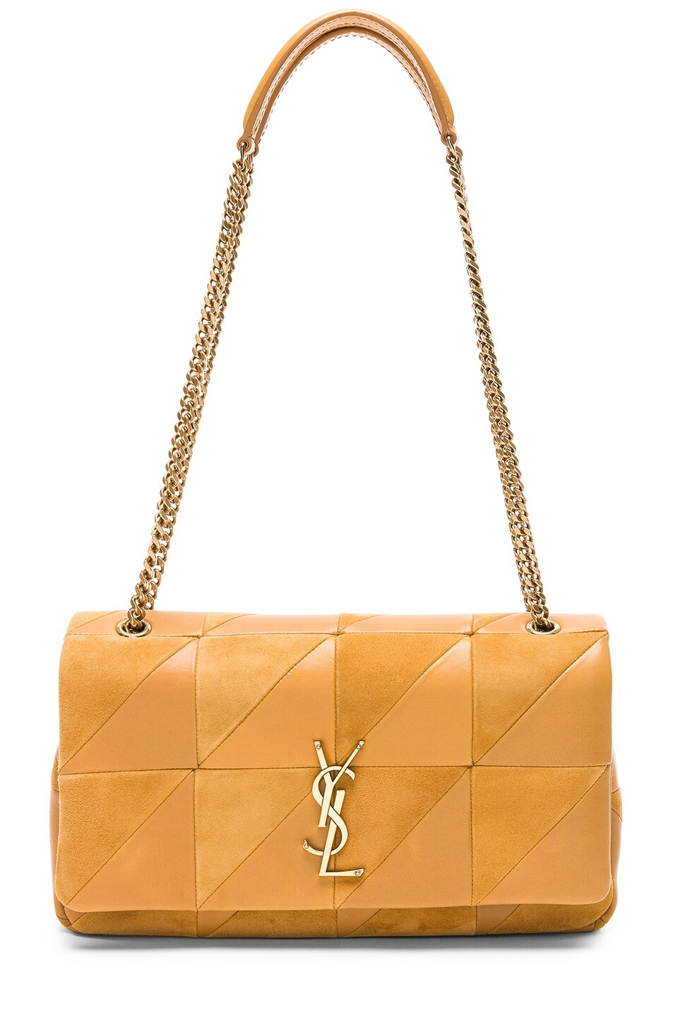 Image 1 of Saint Laurent Small Jamie Suede & Leather Patchwork Monogramme Jamie Chain Bag in Ochre