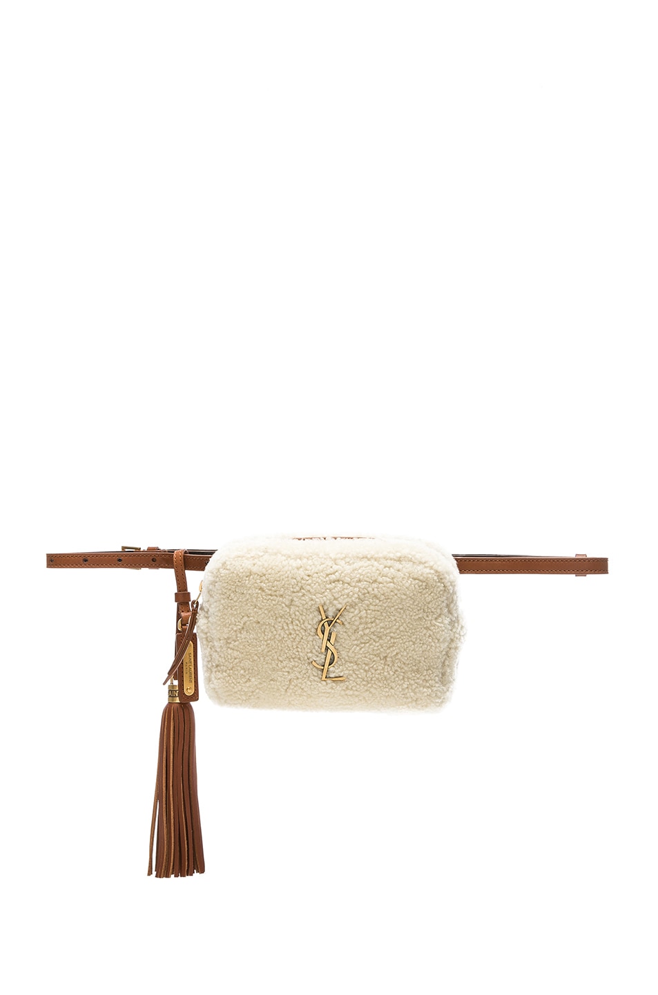 Image 1 of Saint Laurent Shearling Monogramme Lou Hip Belt with Pouch in Natural & Deep Cognac