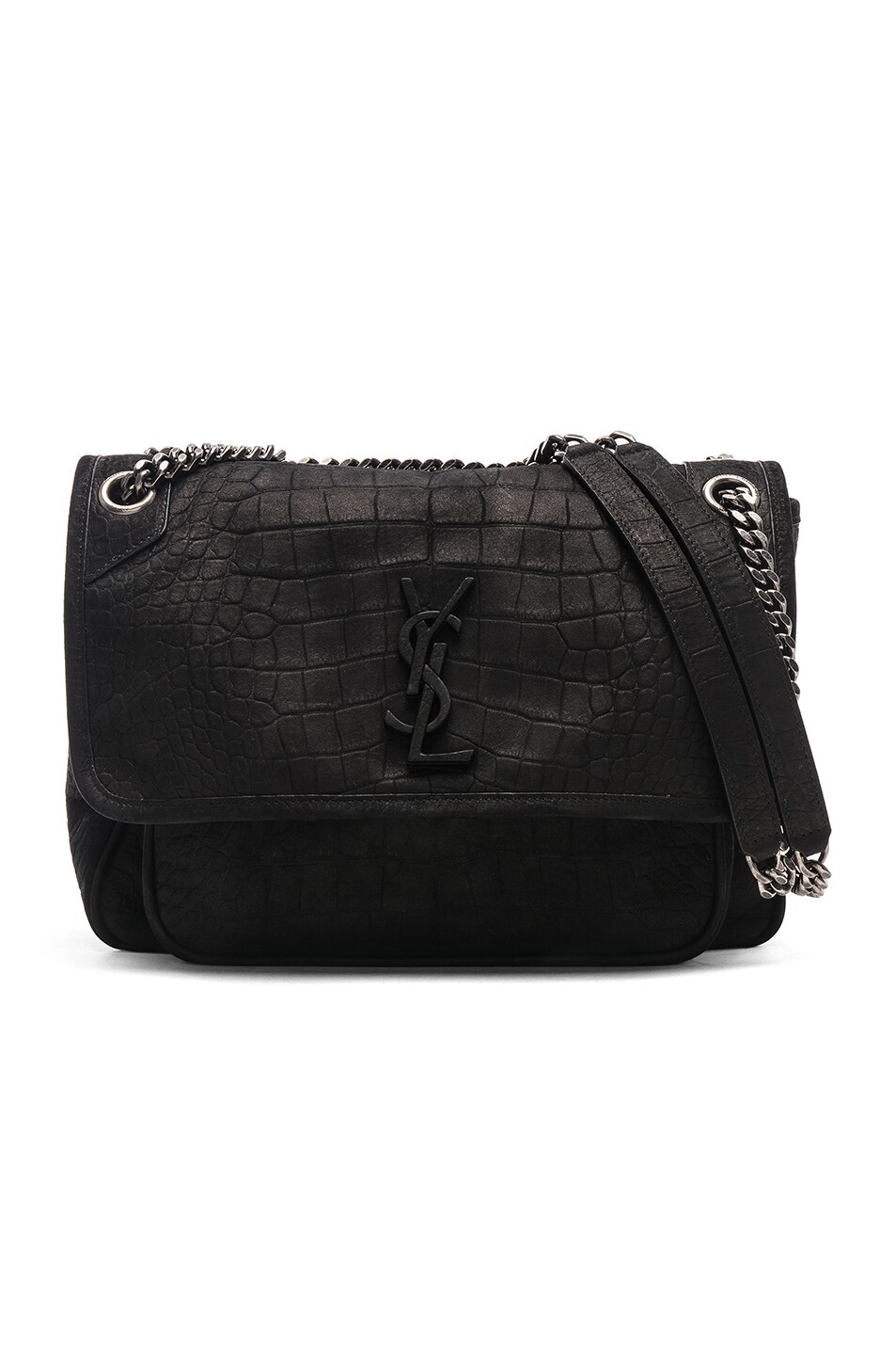 Image 1 of Saint Laurent Monogramme Niki Croco Print Shoulder Bag in Black