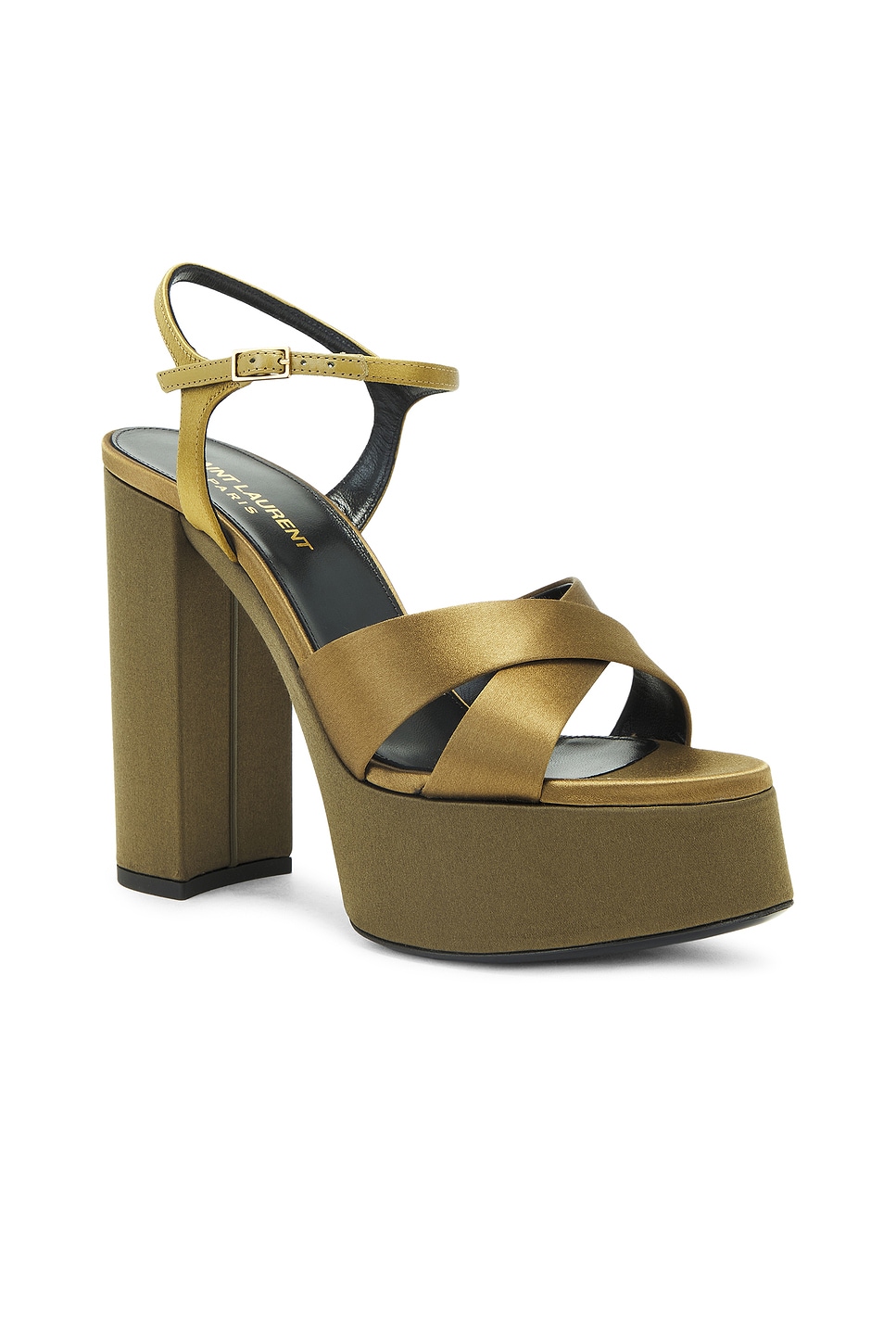 Shop Saint Laurent Bianca Platform Sandal In Kaki & Cuba Gold