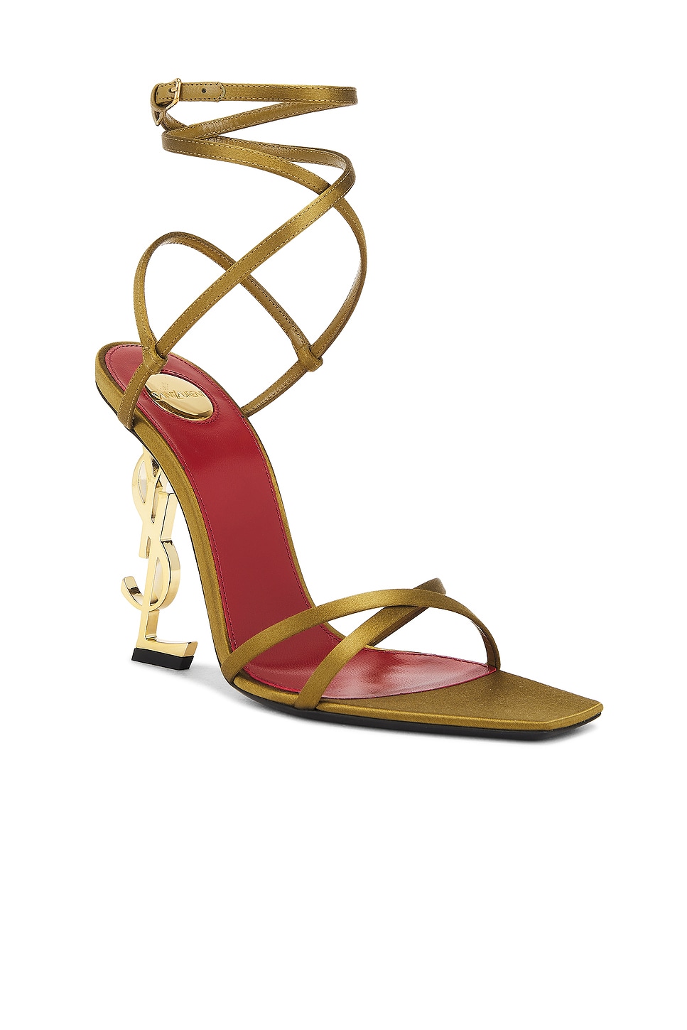 Saint Laurent Opyum Ysl Logo-heel Wrap-ankle Sandals With Golden Hardware In Cuba Gold