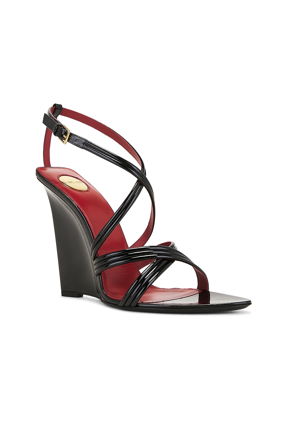 Saint Laurent Rossi Leather Crisscross Wedge Sandals In Nero