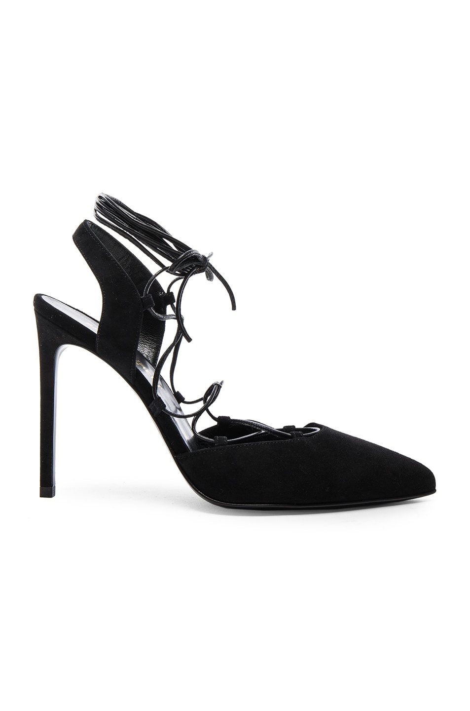 Image 1 of Saint Laurent Paris Skinny Suede Lace Up Heels in Black