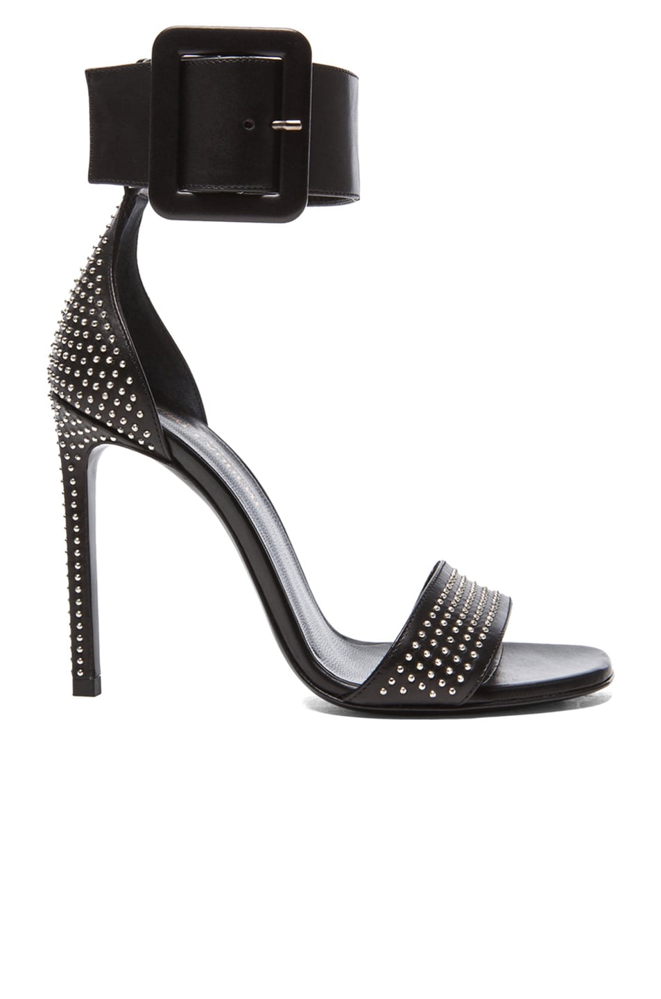 Image 1 of Saint Laurent Jane Studded Calfskin Leather Ankle Strap Heels in Black & Palladium