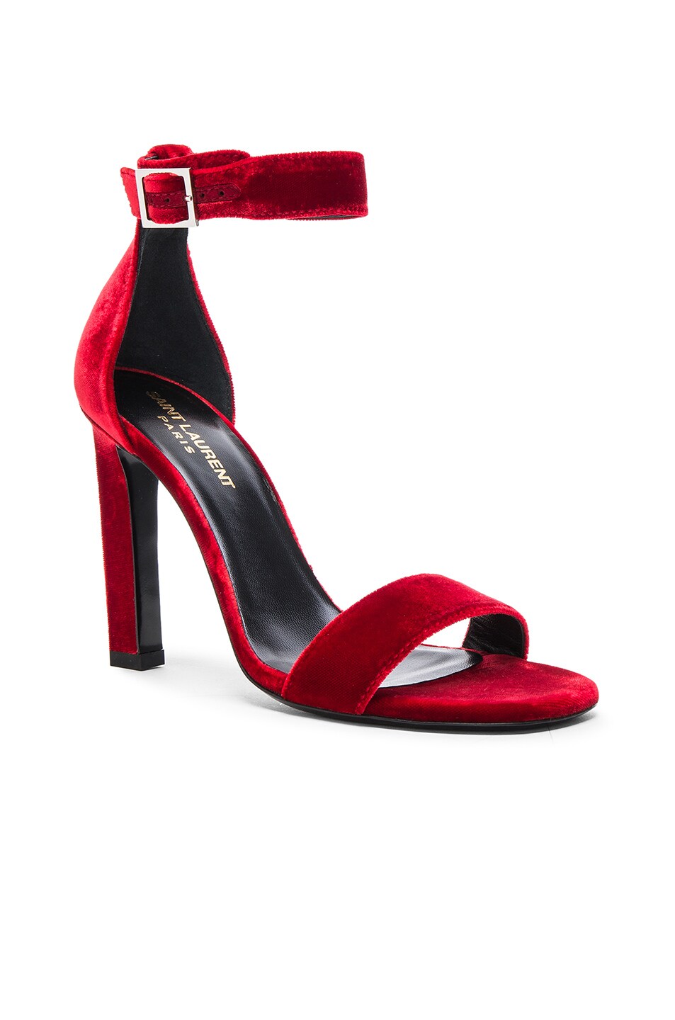 Saint Laurent Grace Velvet Ankle Strap Sandals in Red | FWRD