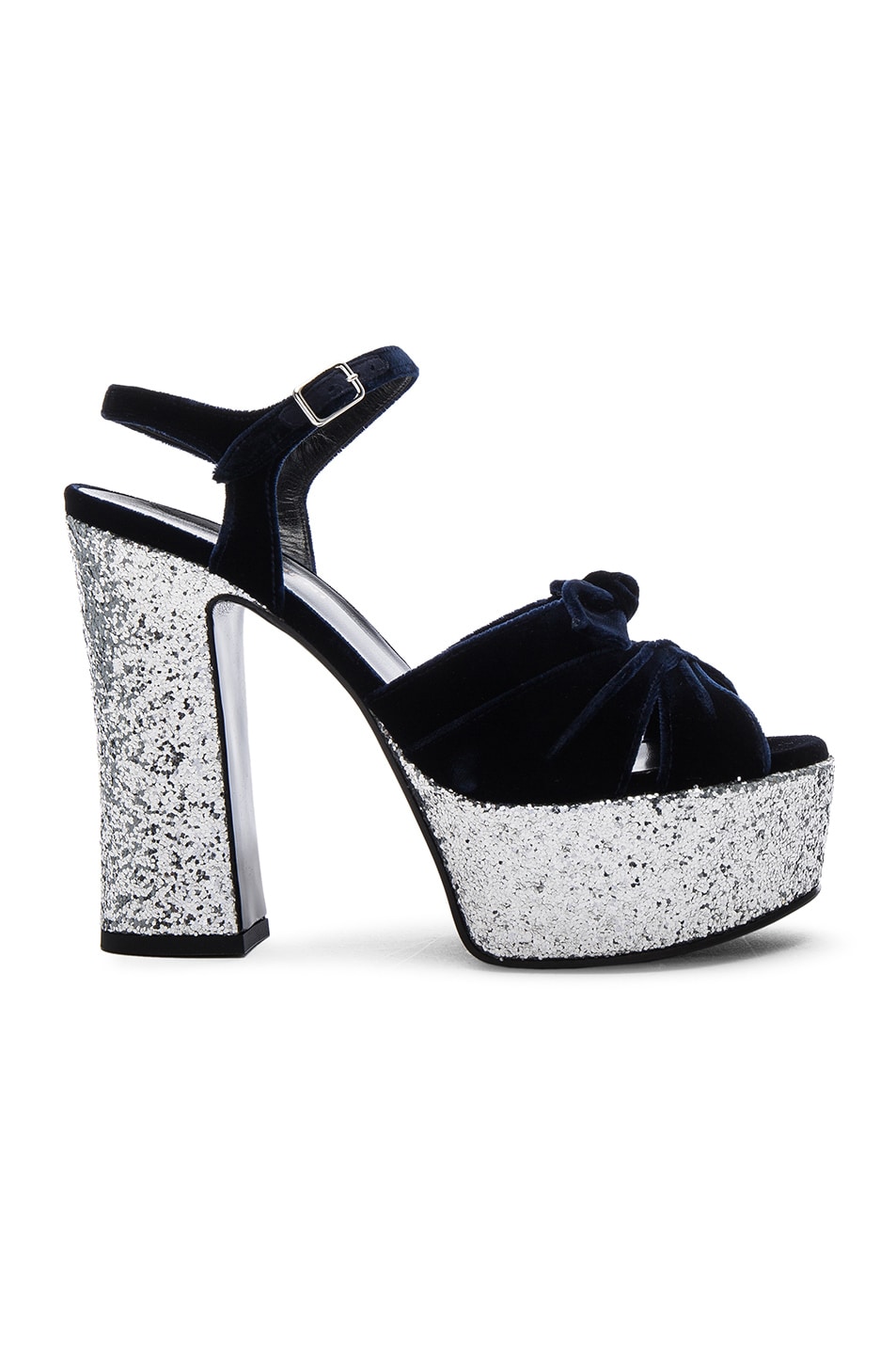 Image 1 of Saint Laurent Candy Velvet & Glitter Platform Sandals in Marine & Platine