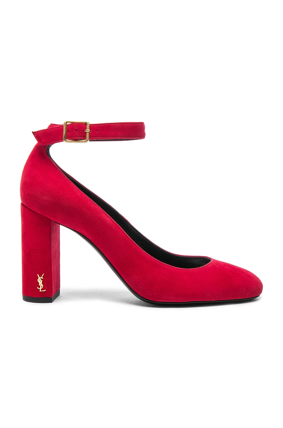 Image 1 of Saint Laurent Loulou Suede Ankle Strap Pumps in Bright Red