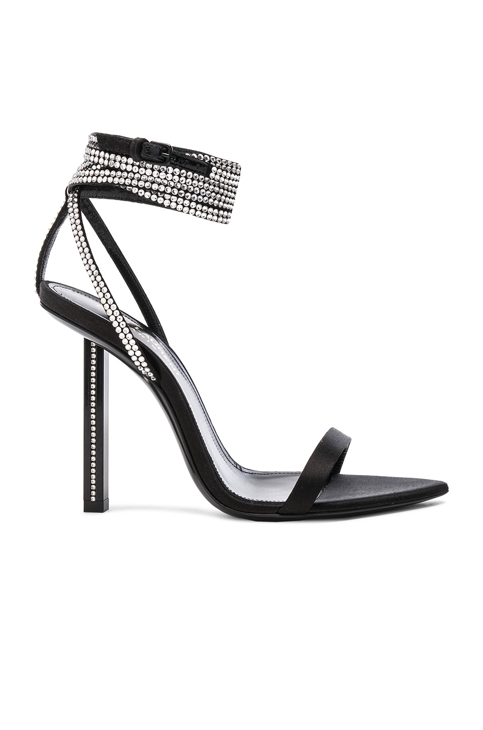 Image 1 of Saint Laurent Tower Crystal Embellished Satin Ankle Strap Sandals in Black