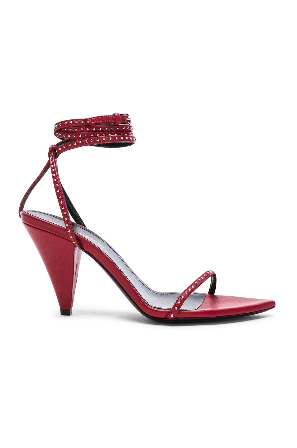 Image 1 of Saint Laurent Era Stud Trim Leather Ankle Strap Heels in Eros Red
