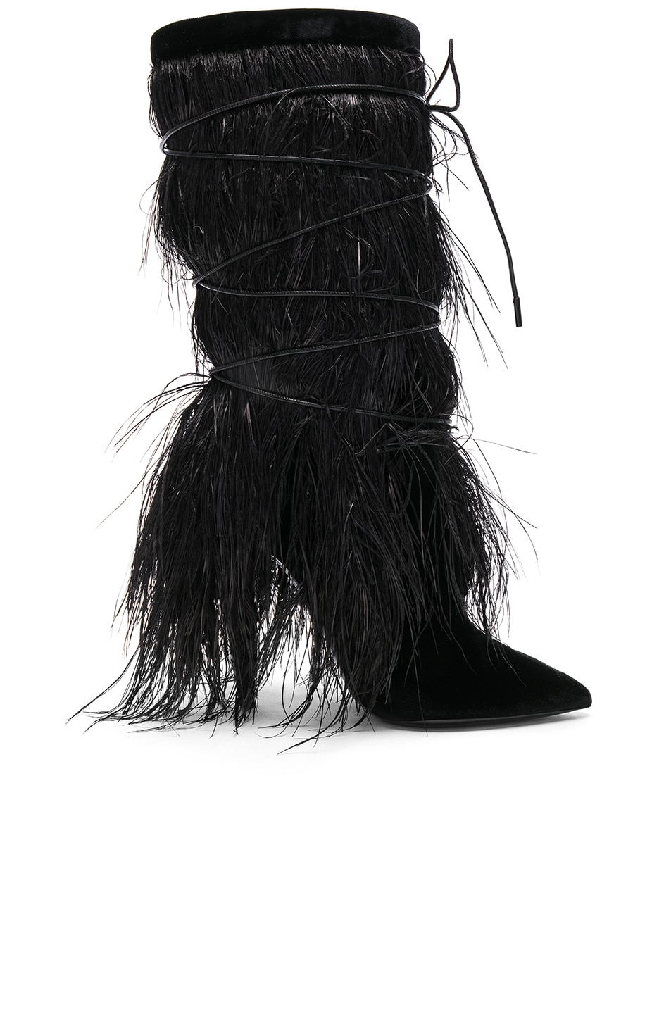 Image 1 of Saint Laurent Era Feather Embellished Velvet Yeti Boots in Black
